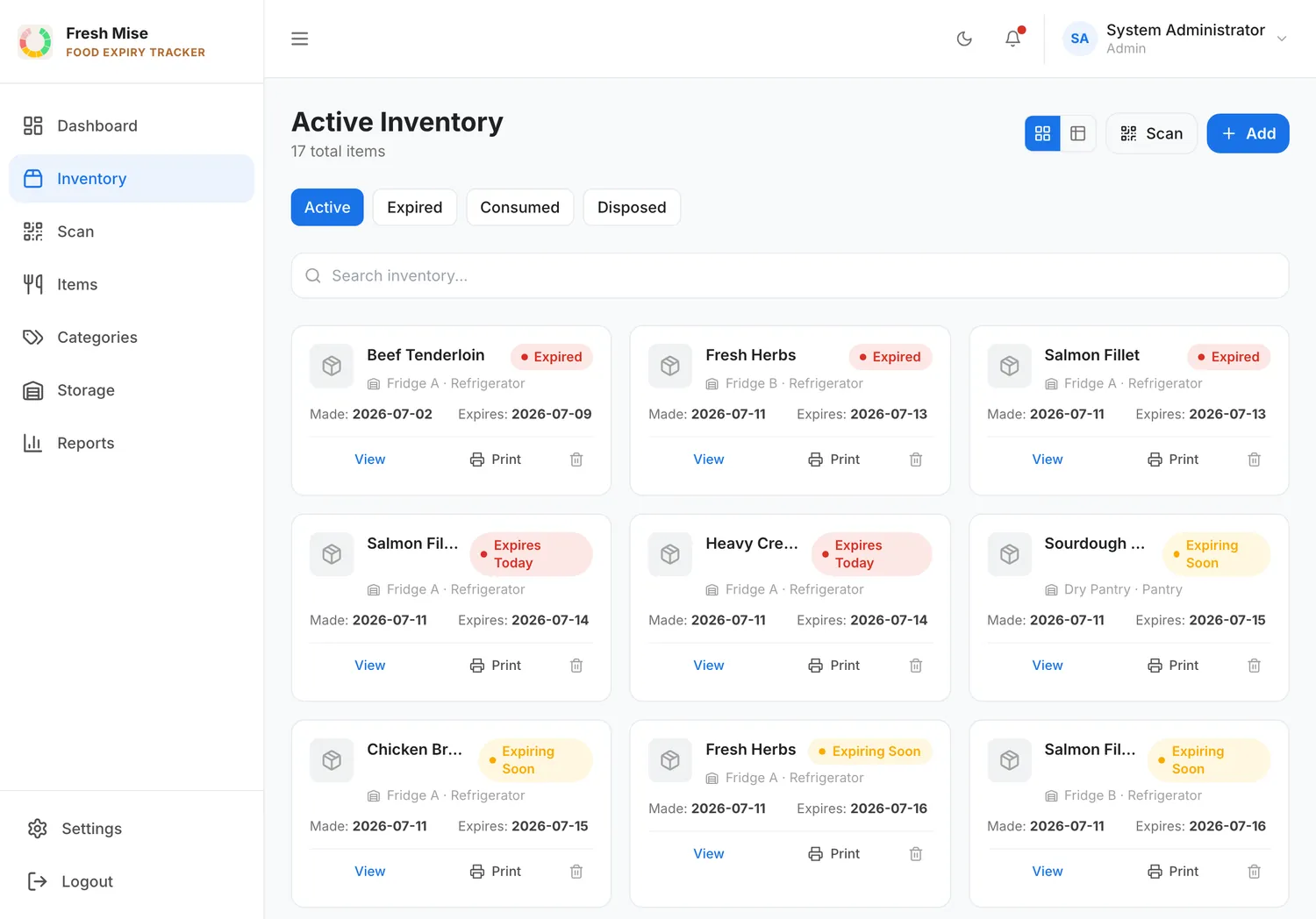 FreshMise active inventory list showing every batch with its made and expiry dates and status.